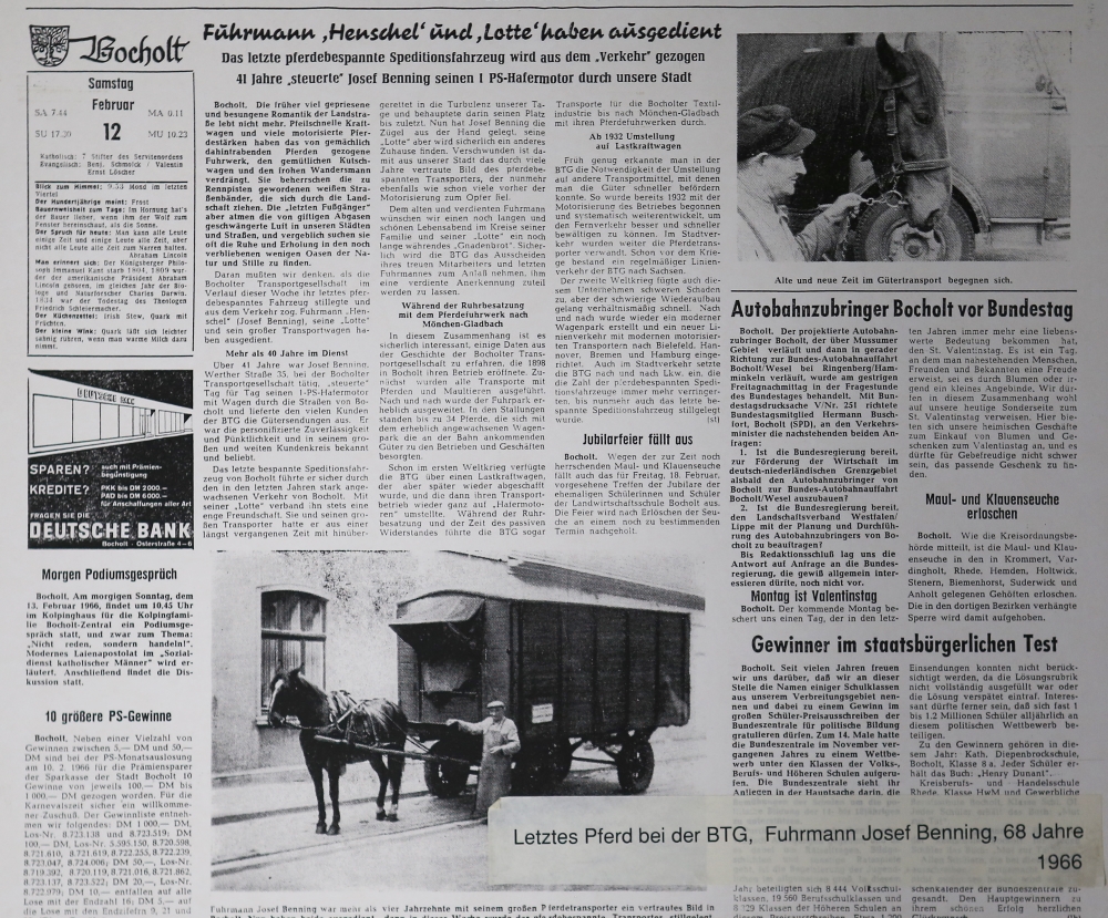 Artikel aus der Bocholter Zeitung in dem fast wehmütig vom, liebevoll als „1-PS-Hafermotor“ bezeichneten, Pferdefuhrwerk Abschied genommen wird.