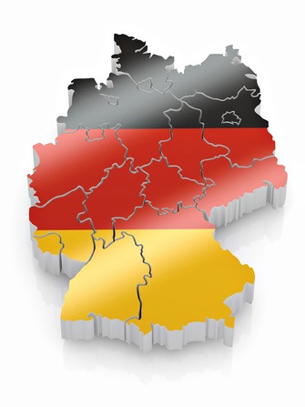 Geographische Darstellung Deutschlands mit der Aufteilung nach Bundesländern in den Farben der deutschen Flagge